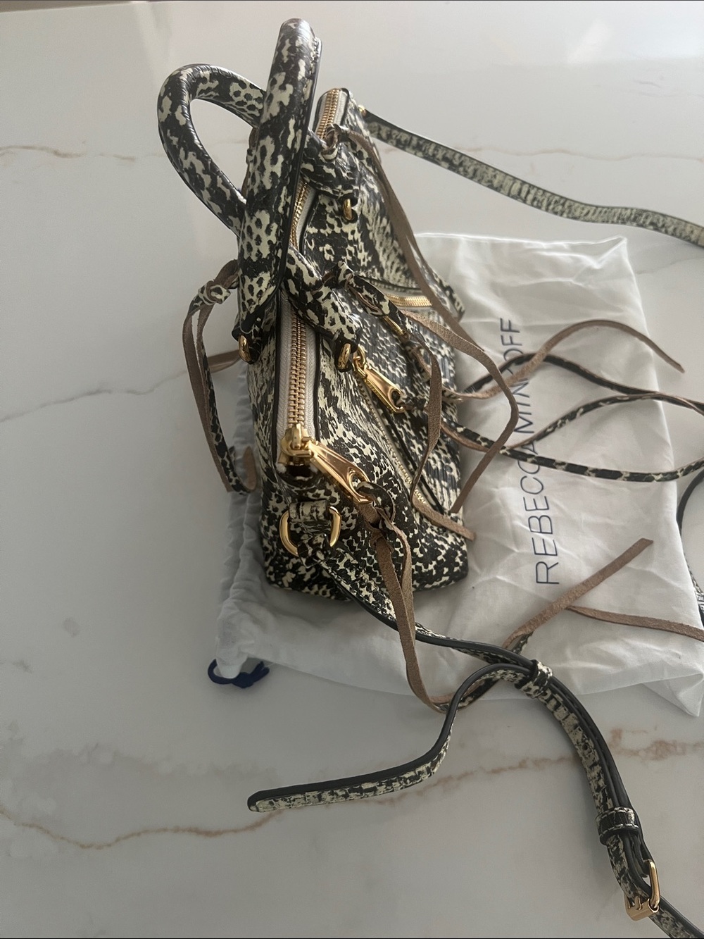 Rebecca Minkoff Black and Cream Snake-Print Mini Satchel - Picture 2 of 4